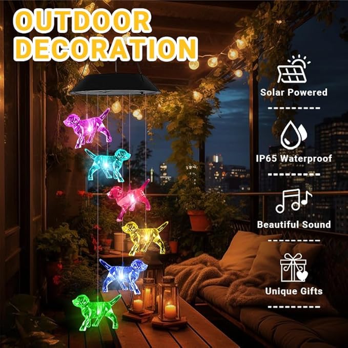Dog Solar Wind Chimes for Outside - AIONASA Color Changing LED Solar Hanging Lights Outdoor, Waterproof Windchimes Outdoors Hanging Gifts for Mom Grandma Women, Home Garden Patio Yard Porch Decoration