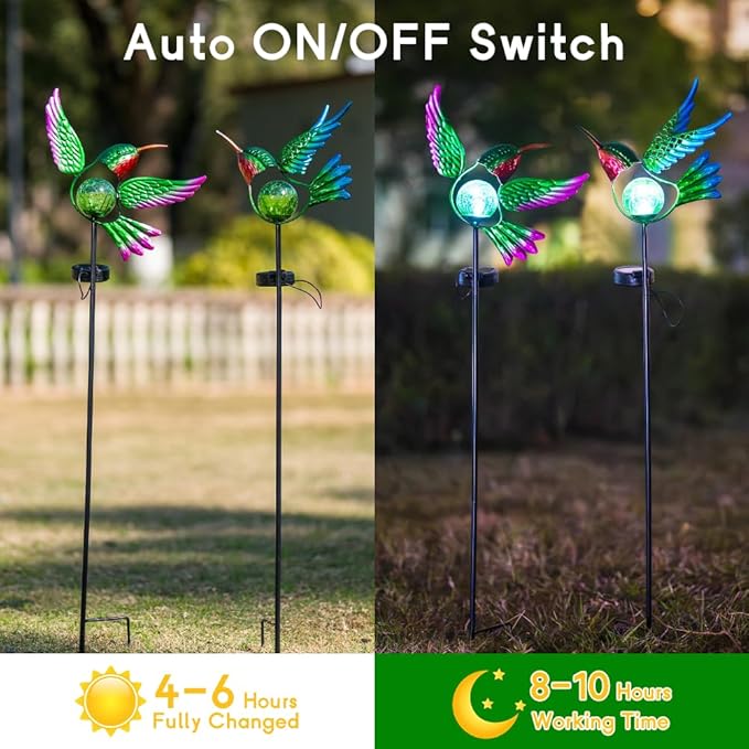Hummingbird Solar Garden Lights with Stake 2 Pack,Bird Pathway Solar Outdoor Crackle Glass Globe Light for Garden,Walkway,Pathway,Yard,Lawn
