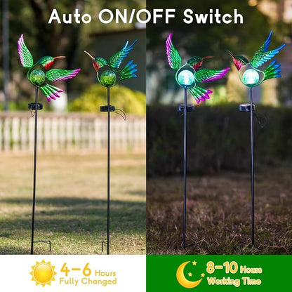 Hummingbird Solar Garden Lights with Stake 2 Pack,Bird Pathway Solar Outdoor Crackle Glass Globe Light for Garden,Walkway,Pathway,Yard,Lawn