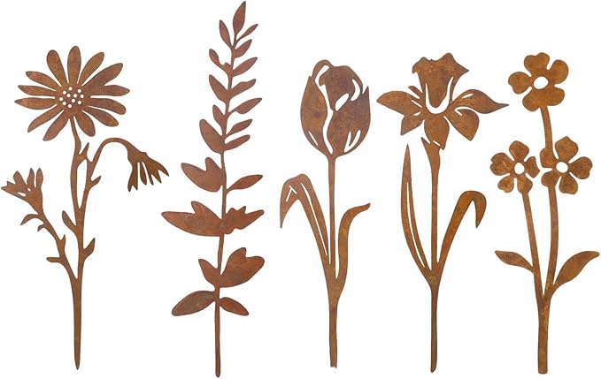 5 Pcs Rusty Metal Flowers and Plants, Rusty Rustic Metal Flowers Signs for Outside Yard Art Gift for Yard Decorative Garden Stakes Potted Plants Walkway and Garden
