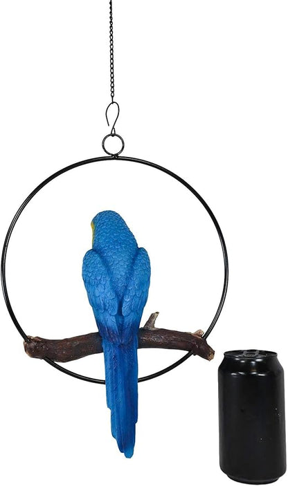 Ebros Patio Home Garden Hanging Scarlet Macaw Parrot Perching on Branch in Metal Round Ring Figurine Sculpture Nature Lovers Tropical Bird Collectors Decor 13.5" H (Blue)
