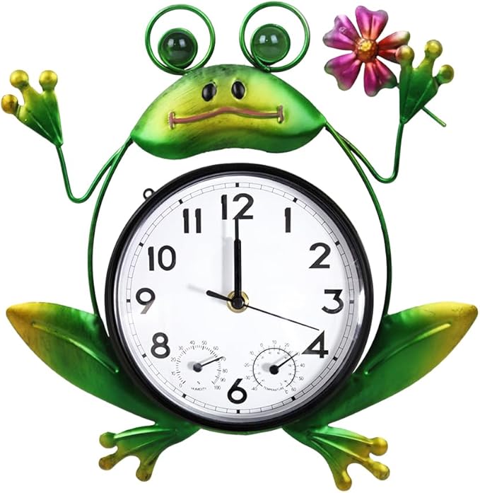 Outdoor Clock Silent Non-Ticking, Frog Outdoor Wall Clock with Thermometer & Humidity Decorative Outdoor Clocks for Patio, Garden, Home Decor