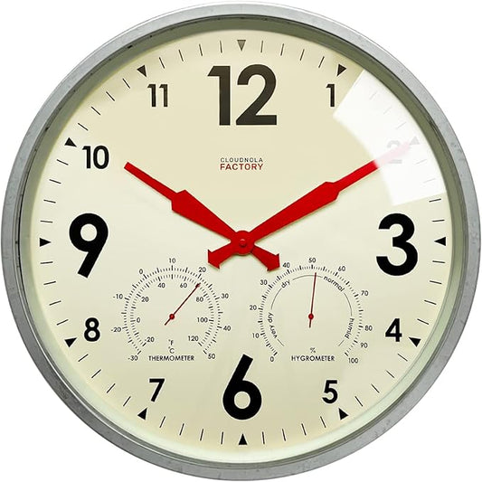 Cloudnola Indoor Outdoor Waterproof Metal Wall Clock with Thermometer and Hygrometer, Zinc Gray, 12 inch Silent Non-Ticking Battery Operated Quality Quartz Round Clock for Patio and Home Decor
