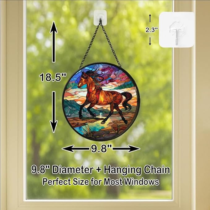 Stained Glass Window Hanging Running Horse 9.8in Sun Catchers Panel for Indoor Decorative Display for Mom Wife Lovers Festive