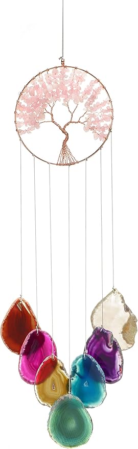 Yoption Rose Quartz Tree of Life Memorial Wind Chime, Natural Crystal Agate Slices Windchimes for Indoor Outdoor Decoration Ornament, 15.7-17.7 inch