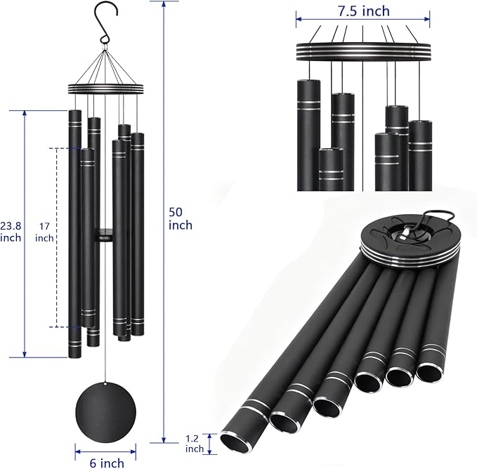 Extra Large Wind Chimes for Outside Deep Tone - Engraved Lines of Aluminum Tubes, Total 50 in Black Deep Tone Wind Chimes, Memorial Sympathy Gifts, Soothing Wind Chime Outdoor Garden Decor