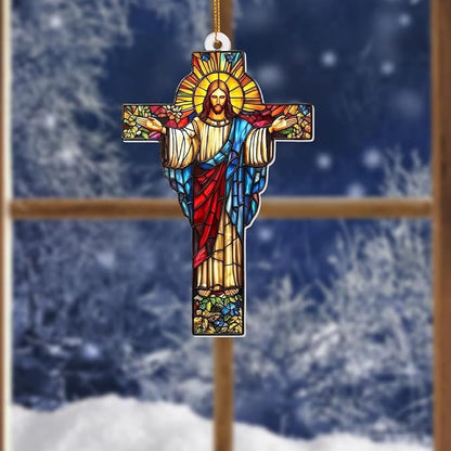 Stained Glass Jesus Cross Car Hanging Ornament – Acrylic Rearview Mirror Charm, Christian Cross Sun Catcher for Car or Home, Inspirational Religious Gift for Men & Women(Sun-29)