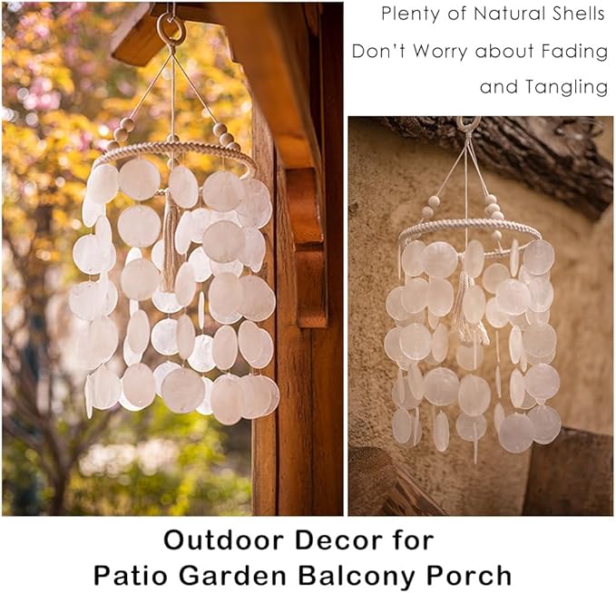 Capiz Shell Wind Chime for Outside, Sea Glass Wind Chimes, Seashell Windchimes Ourdoors, Unique Outdoor Boho Decor for Patio Garden Balcony Porch, 8.3" W X 23.6" H, Remmdan