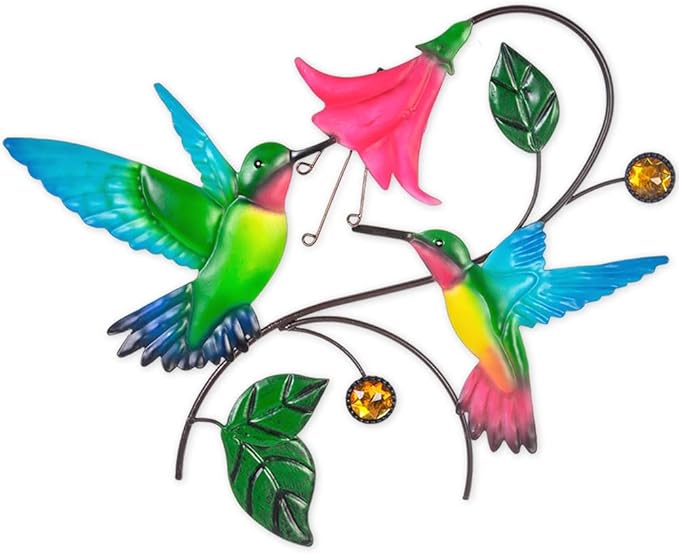 Metal Wall Art Hummingbird with Flower Decor, Metal Birds Yard Outdoor Wall Art, Hanging Bird Wall Decor for Living Room Home Indoor
