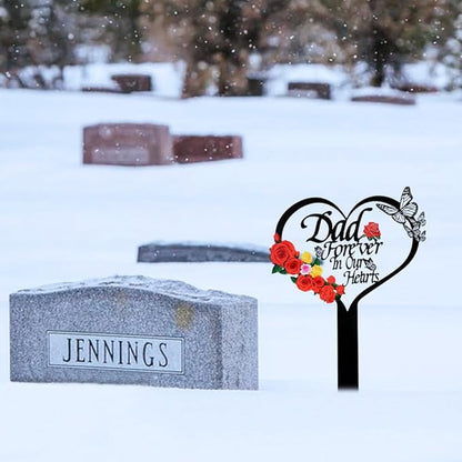Memorial Grave Stake, Dad Forever in Our Hearts Grave Marker, Heart Grave Decorations for Cemetery, Metal Cemetery Decorations for Grave, Yard, Garden, Remembrance Grave Plaque for Dad