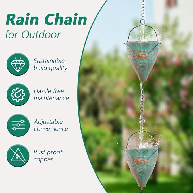 10 FT Rain Chain for Outside with 10 Bee Pattern Cups, Unique Hot Air Balloon Solar Lantern with Flickering Flame, Outdoor Decorative for Patio, Garden, Porch