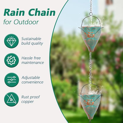 10 FT Rain Chain for Outside with 10 Bee Pattern Cups, Unique Hot Air Balloon Solar Lantern with Flickering Flame, Outdoor Decorative for Patio, Garden, Porch