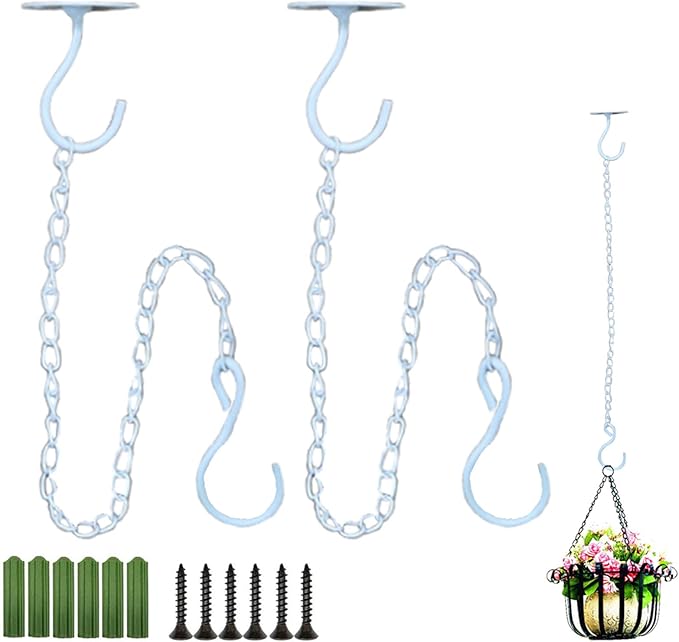 TIHOOD 2PCS Wall Mount Ceiling Hooks, Metal Plant Bracket Iron Wall Mount Lanterns Hangers for Hanging Bird Feeders, Lanterns, Wind Chimes, Planters, Outdoor Decoration Hooks (White(with chain))