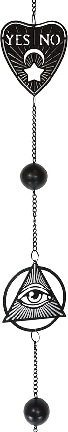 Ebros Ouija Board Planchette and All Seeing Eye of Providence Black Coated Steel Metal Wall Hanging Wind Chime with Beads Home and Patio Decor Wicca Occult Mobile Noisemaker