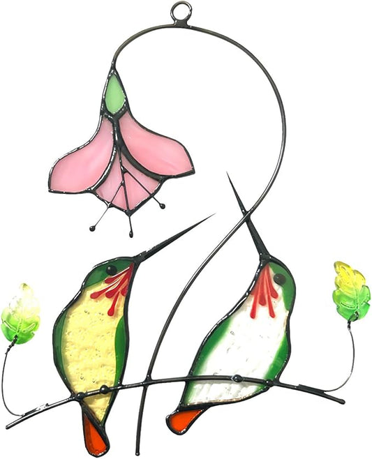 1PC Colorful Hummingbird Glass Window Decor Hanging Ornament, Home Wall Garden Decor, Hummingbird Light Catcher, Bird Lover Favorite Gardening Ornament (Yellow Bird)