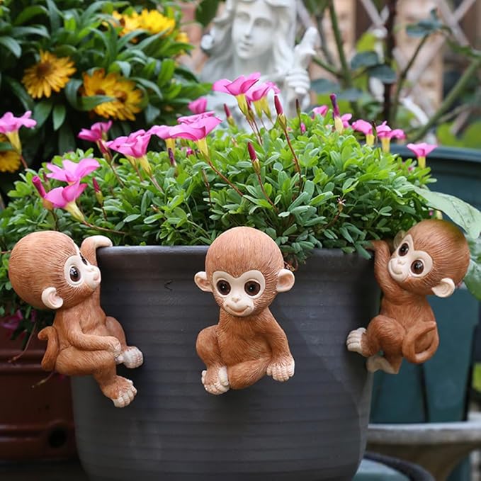 Ebrima Set of 3 Cute Animal Figurines Planter Pot Hanger Decorations, Resin Hanging Climbing Monkey Sculpture Outdoor Statues Ornaments for Flower Pot Garden Decor (3 Monkeys)