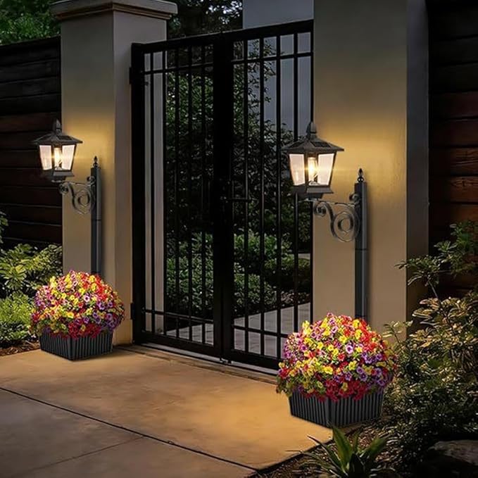 2 in 1 Outdoor Flower Pots for Real or Fake Flowers, Solar Lamp with Planter Base, 27” Wall Mount Decorative Light for Front Porch, Waterproof LED Light for Garden, Patio, Backyard