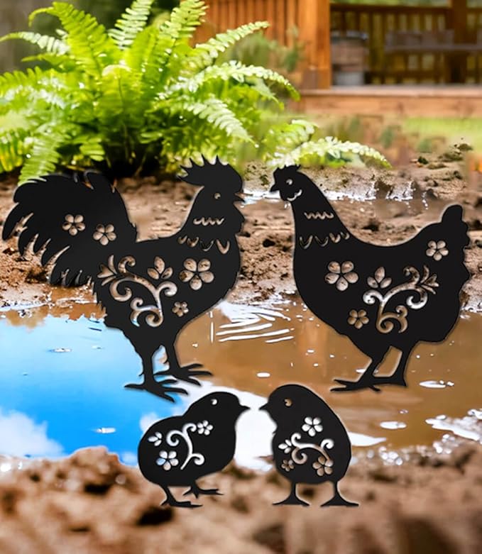 4 Pack Metal Yard Stake Decor, Weather-Proof Chicken Decor, Rooster Hen Chicks Silhouette Garden Sculptures & Statues Stakes for Outdoor Lawn, Patio, Flower Beds, Ideal Gardening & Country Gifts