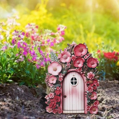 Pink Daisy Frame Fairy Door for Tree Stumps, Miniature Garden Decor, Outdoor Landscape Accessories, Garden Sculptures