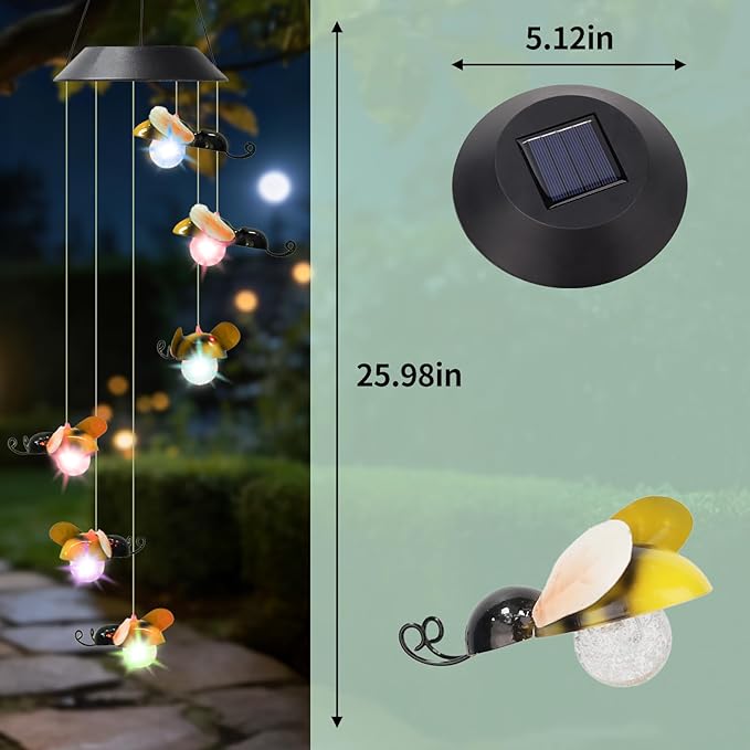 Solar Bee Wind Chimes for Outside Garden, Patio, Yard – Decor for Festivals/Birthday/Christmas, for Women Mom Home Garden Patio Decor