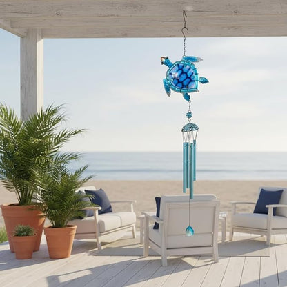 Comfy Hour 35" x 5" Sea Turtle Metal Art Wind Chime, Decorative Glass and Metal Hanging Windbell for Coastal Garden, Artisan Crafted Ocean Theme Decor for Beach House & Patio, Blue, 1 Piece