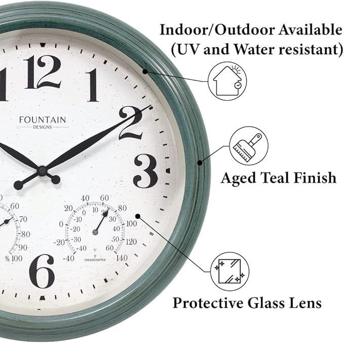 18 Inch Maison in/Outdoor Clocks Waterproof, Large Outdoor Clock Thermometer Combo, 3 in 1 Weather Stations,Aged Teal