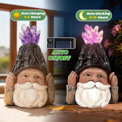 Solar Gnome Decoration with LED Solar Light, Handcrafted Resin Garden Gnome Lamp Amethyst Crystal Figurine for Yard Porch Home Decor, Perfect Present for Gardeners & Garden Aesthetic Lovers