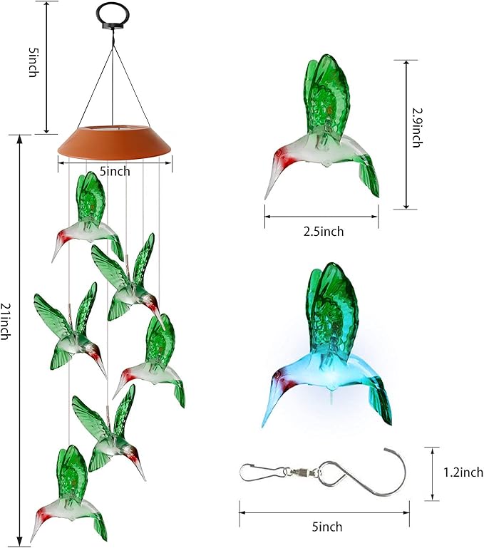 Hummingbird Solar Wind Chimes Color Changing Outdoor LED Solar Chimes Light Birthday Gifts for Women Garden Gifts for Mom Grandma Mothers Day Memorial Wind Chimes Outdoor Decor