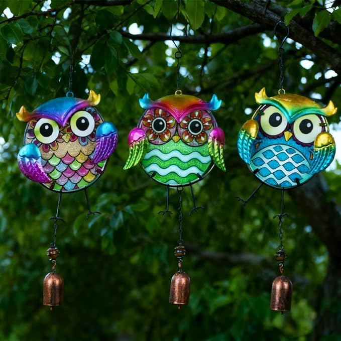Owl Wind Chimes 3 Pack - Metal Wind Chimes for Outside, Waterproof Rustproof Garden Decor with Hooks, Handcrafted Birthday Gifts for Friends, Patio & Yard Decoration