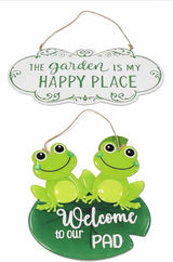 Metal Outdoor Garden Signs, "Welcome to Our Pad", Frog Pals, and "The Garden Is My Happy Place", 2 Piece Set, Green and White, Decorative Hanging Wall Decor