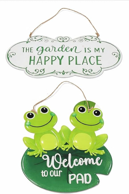 Metal Outdoor Garden Signs, "Welcome to Our Pad", Frog Pals, and "The Garden Is My Happy Place", 2 Piece Set, Green and White, Decorative Hanging Wall Decor