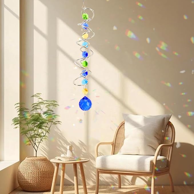Crystal Suncatchers Decorative Sun Catchers Crystal Hanging Wind Spinners with Blue Prism Ball Rainbow Maker Suncatchers for Windows Hanging Outdoor Indoor Home Garden Decoration Gifts for Girl