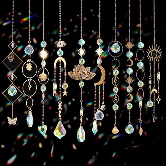Sun Catchers, 10 Pieces Colorful Crystal Suncatcher with Chain Pendant Ornaments Hanging Crystals Prism Rainbow Maker for Windows Indoor Outdoor Car Mirror Garden Decor Wedding Party Xmas Gift (10)