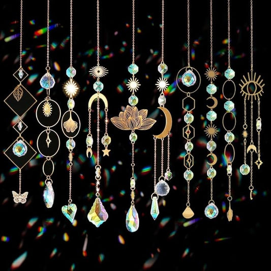 Sun Catchers, 10 Pieces Colorful Crystal Suncatcher with Chain Pendant Ornaments Hanging Crystals Prism Rainbow Maker for Windows Indoor Outdoor Car Mirror Garden Decor Wedding Party Xmas Gift (10)