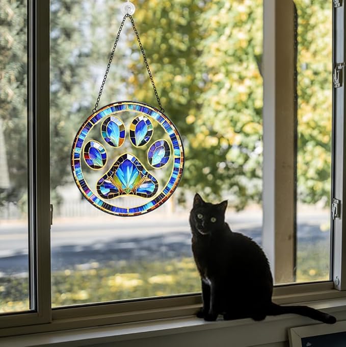 Dog Cat Paw Print Suncatcher Stained Glass Window Hanging - Handmade Dog Paw Suncatchers for Windows Hanging - Sun Catchers Indoor Wall Decor Glass Panel Memorial Catcher Remembrance Birthday Gift