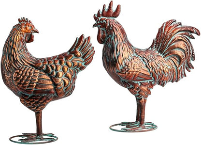 Metal Chicken Decor for Yard and Garden Large Rooster & Hen Garden Statues & Sculptures Antique Copper Outdoor Chickens Yard Art for Backyard Patio Lawn Home Kitchen Farmhouse Decorations