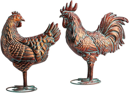 Metal Chicken Decor for Yard and Garden Large Rooster & Hen Garden Statues & Sculptures Antique Copper Outdoor Chickens Yard Art for Backyard Patio Lawn Home Kitchen Farmhouse Decorations