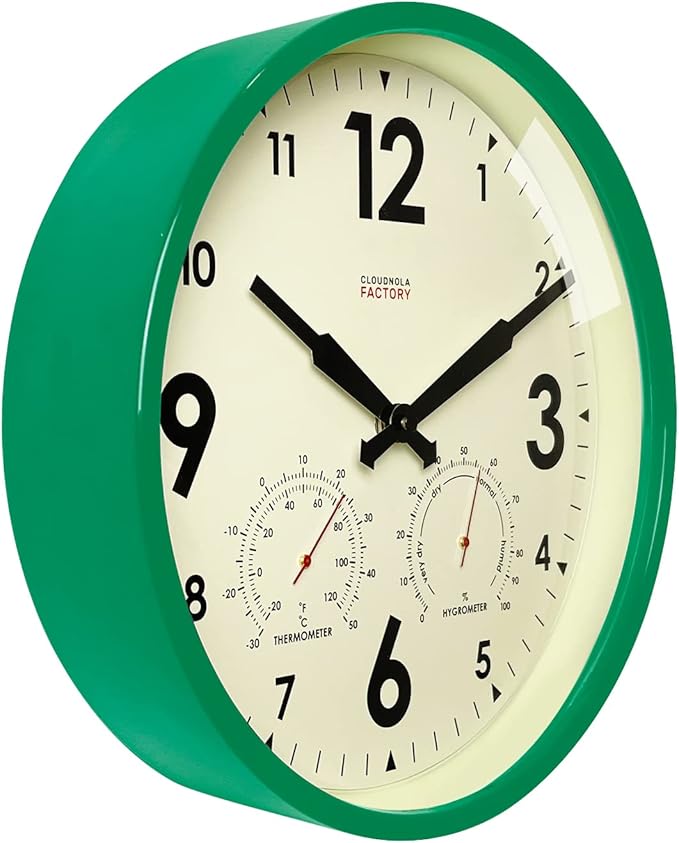 Cloudnola Indoor Outdoor Waterproof Metal Wall Clock with Thermometer and Hygrometer, Green, 12 inch Silent Non-Ticking Battery Operated Quality Quartz Round Clock for Patio and Home Decor