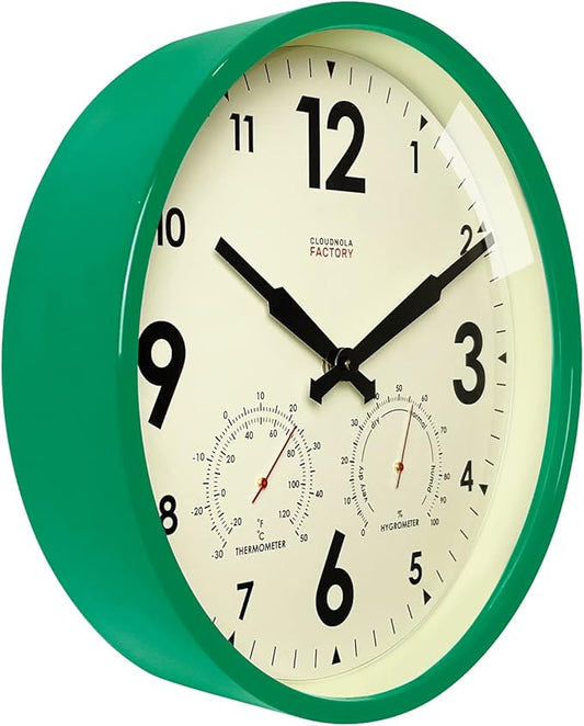 Cloudnola Indoor Outdoor Waterproof Metal Wall Clock with Thermometer and Hygrometer, Green, 12 inch Silent Non-Ticking Battery Operated Quality Quartz Round Clock for Patio and Home Decor