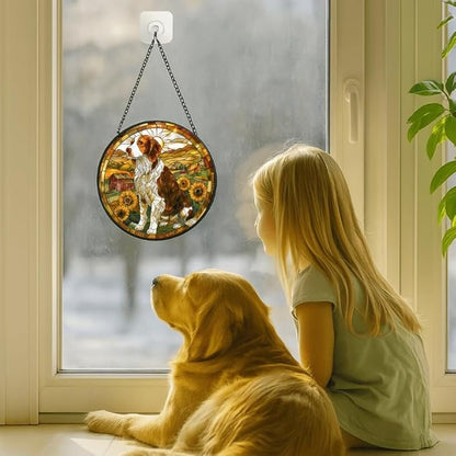 Stained Glass Window Hanging - Farm Dog & Sunflower Field 7.8in Sun Catchers Indoor Stained Glass Panels Wall Decor for Mom, Wife, Lovers, Festive
