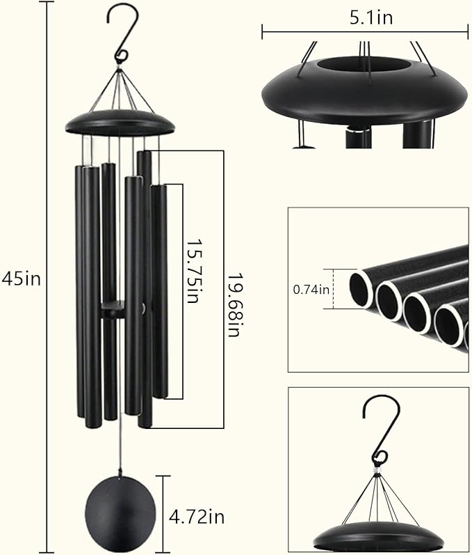 45 Inch Memorial Wind Chimes Outdoor, Large Deep Tone with 6 Heavy Aluminum Tubes, Hand-Tuned Sympathy Gift for Loss of Loved One, Garden Hanging Decor for Yard, Black (45")