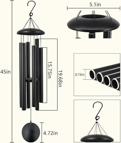 45 Inch Memorial Wind Chimes Outdoor, Large Deep Tone with 6 Heavy Aluminum Tubes, Hand-Tuned Sympathy Gift for Loss of Loved One, Garden Hanging Decor for Yard, Black (45")