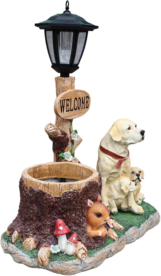Solar Light Animal Outdoor Statue Planter with Welcome Sign, Resin Garden Sculpture Flower Pot for Patio Lawn Porch Yard Courtyard Decor, Weather-Resistant Decorative Figurine Accent (L)