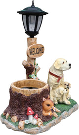 Solar Light Animal Outdoor Statue Planter with Welcome Sign, Resin Garden Sculpture Flower Pot for Patio Lawn Porch Yard Courtyard Decor, Weather-Resistant Decorative Figurine Accent (L)