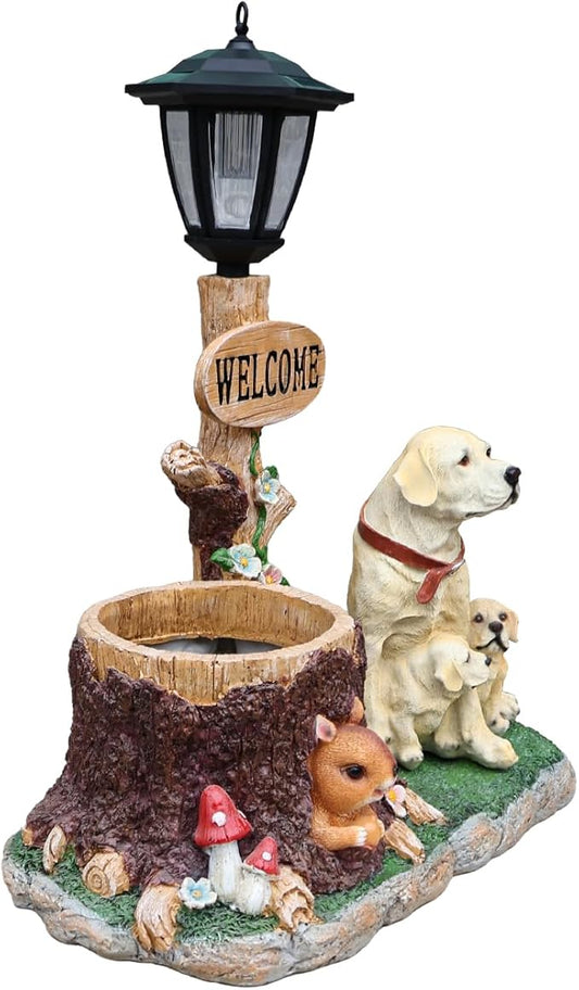 Solar Light Animal Outdoor Statue Planter with Welcome Sign, Resin Garden Sculpture Flower Pot for Patio Lawn Porch Yard Courtyard Decor, Weather-Resistant Decorative Figurine Accent (L)
