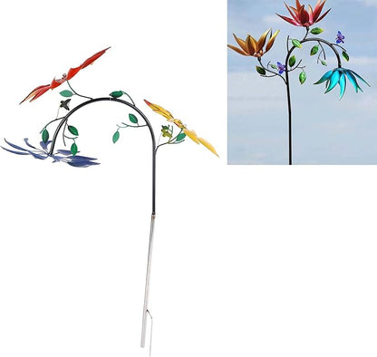 Diydeg Wind Spinner, Iron Three Moving Flowers Bright Colors Colorfast Garden Wind Spinner Rustproof Easy to Assemble Garden Windmill