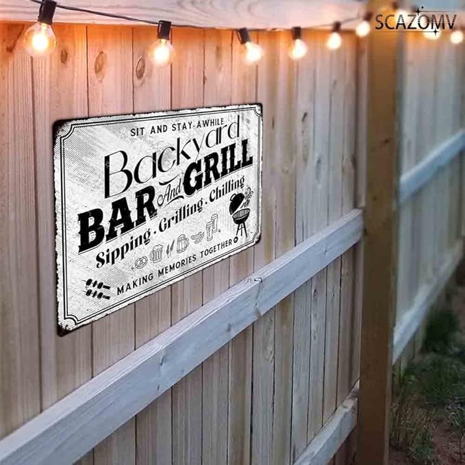 SCAZOMV Backyard Bar & Grill Metal Sign - Indoor/Outdoor Patio Signs For Backyard - Funny Signs For Home Barbecue And Grill Decor, Bar Signs For Home Bar, Backyard Bar Patio Accessories