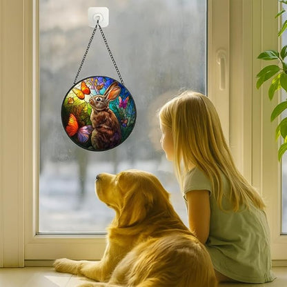 Stained Glass Window Hanging - Rabbit with Butterflies and Leaves Sun Catchers Indoor Stained Glass Panels Wall Decor for Mom Wife Lovers Festive