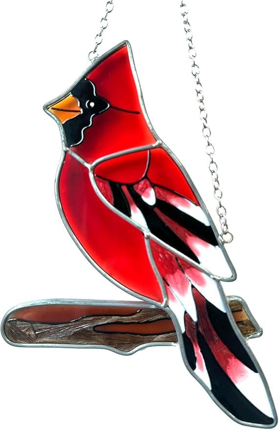 Red Cardinal Decor Stained Glass Bird Window Hanging Suncatcher for Window Decorations Ornament Farmhouse Cardinal Memorial Gifts on Branch for Bird Lovers Mom, Grandma