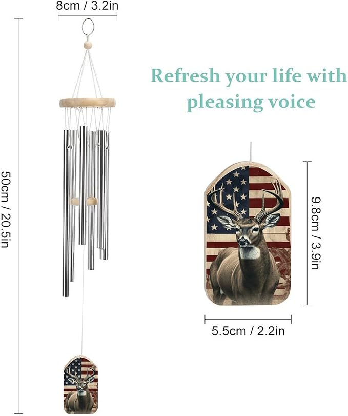 Wind Chimes for Outside,Americana Flag Deer Printed Cute Aluminium Windchimes Outdoors,Soothing Melodic Memorial Wind Chime for House Porch Patio Garden Balcony Decor